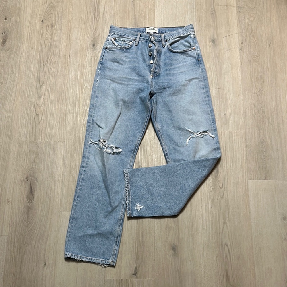 Agolde 90s Straight Button Fly Distressed Light Blue Jeans
